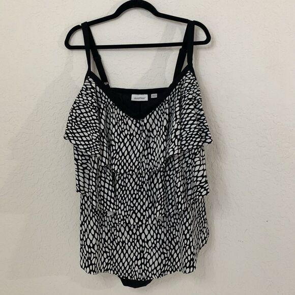 Avenue Swimsuit One Piece Women 24 Black White Dot Ruffle Tiered Beach Coastal - Picture 1 of 10